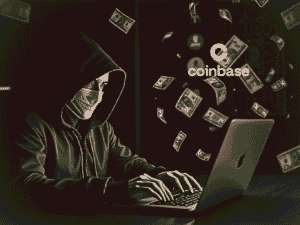 Coinbase headquarters with a digital security lock overlay, symbolizing cyberattack