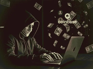 Coinbase headquarters with a digital security lock overlay, symbolizing cyberattack