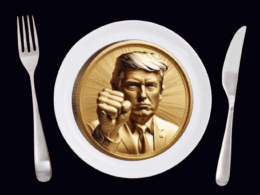 Donald Trump greeting crypto investors at luxury dinner event amid protest signs outside
