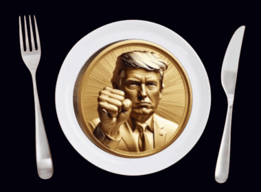 Donald Trump greeting crypto investors at luxury dinner event amid protest signs outside