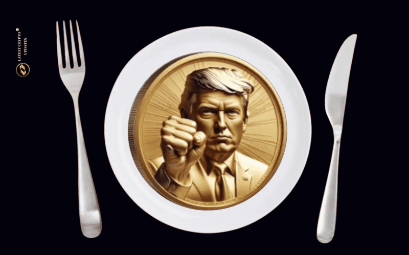 Donald Trump greeting crypto investors at luxury dinner event amid protest signs outside